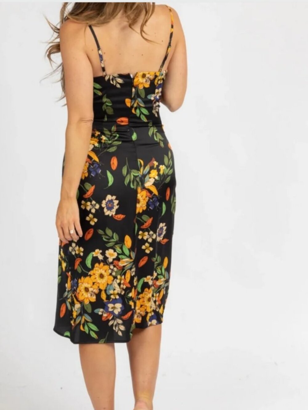 Garota Black Floral Satin Midi Dress Size XS — Cowl Neck / Side Ruche - Picture 10 of 10